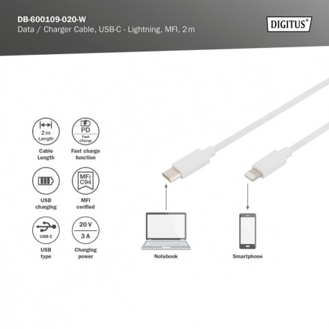 Kabel do transmisji danych/ładowania USB C/Lightning MFI 2m Biały